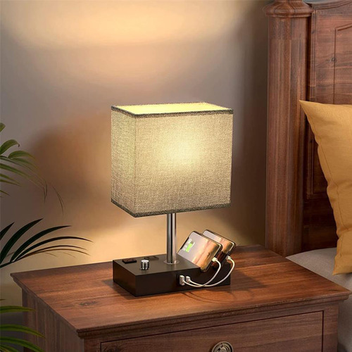 Lamparas De Mesa Lámparas De Buró Con Bulbo Led Y 2 Usb Beige Cañamo