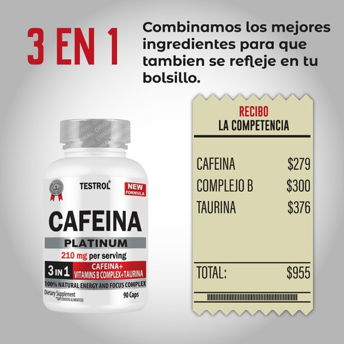 Cafeína 210 Mg | Testrol | Platinum | 90 Caps Sabor Sin sabor