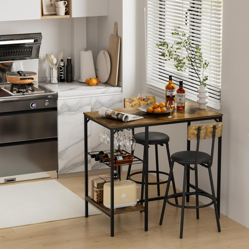 Mesa De Comedor Alta Con Almacenamiento Y 2 Taburetes, 3 Pie