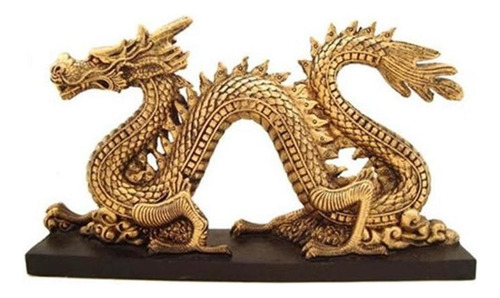 Dragao Chines Serpente De Resina Dourado Com Base Preta Cor Amarelo
