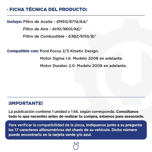 Imagen 2 de 9 de Kit 3 Filtros Aceite + Aire + Combust Ford Focus 1.6 - 2.0.
