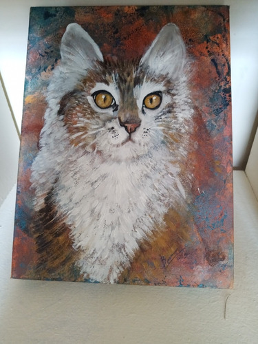 Precioso Cuadro Con La Imagen De Un Gato, Pintado A Mano 