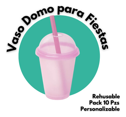 Vaso Frappe Raspa Con Tapa Tipo Domo Y Popote 500ml 10 Pzs Rosa