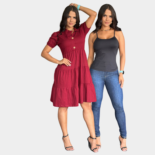 Vestido Três Maria Marsala E Blusa Em Poliamida Preta S/bojo