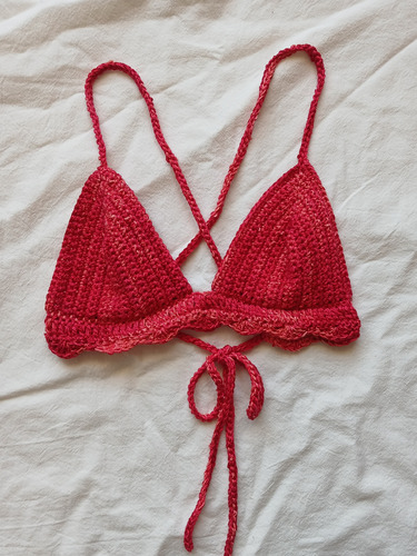 Top Tejido Triangulito Bikini Crochet Atado Rojo Algodón 