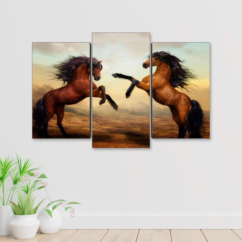 Cuadro Decorativo Moderno Caballos Salvajes Jd 0087 M Tríptico 90x60 Cm Sin Marco
