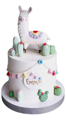 Adorno De Torta Temática Llama Alpaca Cactus Porcelana Fria 