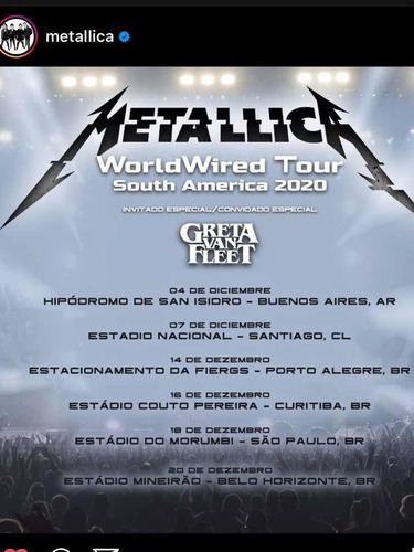 Ingresso Show Metallica E Greta Van Fleet 2020 Sp Meia Pista