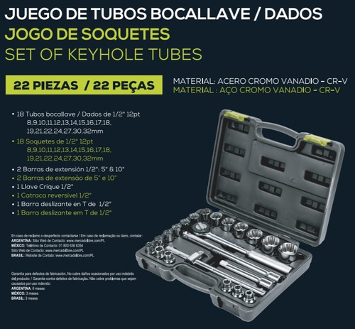 Juego De Llaves De Tubo - Acero Cromo Vanadio 22 Piezas