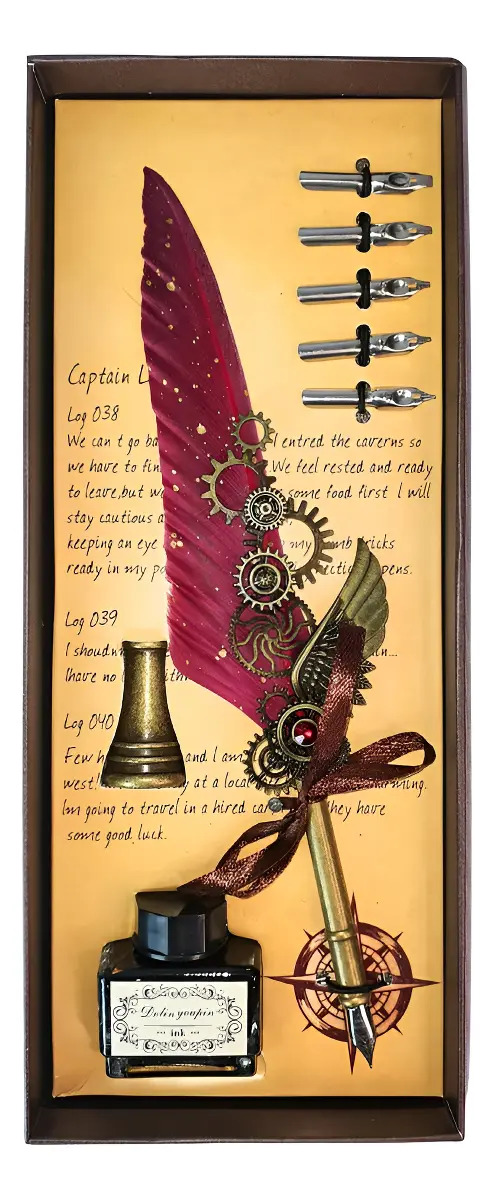 Kit Caneta Tinteiro Engrenagem Vermelho Tinta Preto