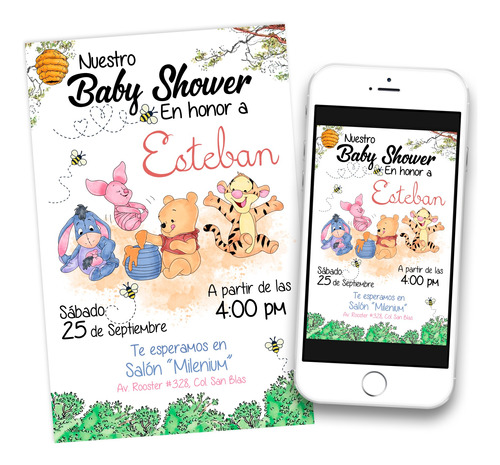 Invitación Digital Mi Baby Shower Con Winnie Pooh Imprimible