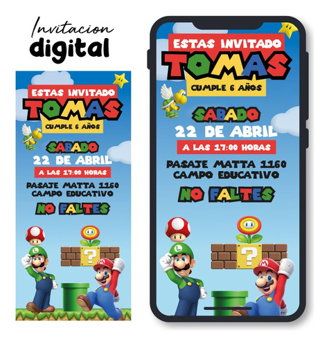 Invitación Digital Cumpleaños Bautizo / Mod Mario Bross