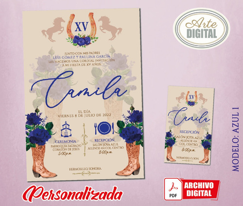 Invitación Digital Vaquera Azul Personalizada  Xv + Regalo