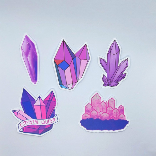 Kit 5 Stickers. Cristales Witchy. Rosa Y Morado. Calcomania