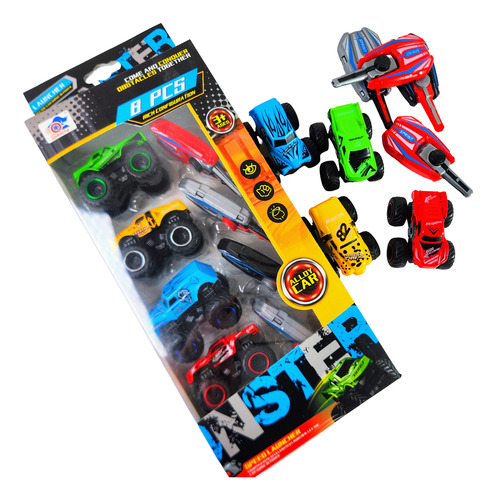 Pack 4 Autos Monster Con Lanzador Divertidos Set Autos Locos