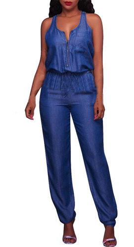 F Jumpsuit Mujer Hombros Descubiertos Jeans Bolsillo Rompe 1