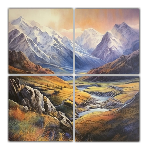 140x140cm Cuadro Paisaje Montañoso En Acrílico Con 4 Telas