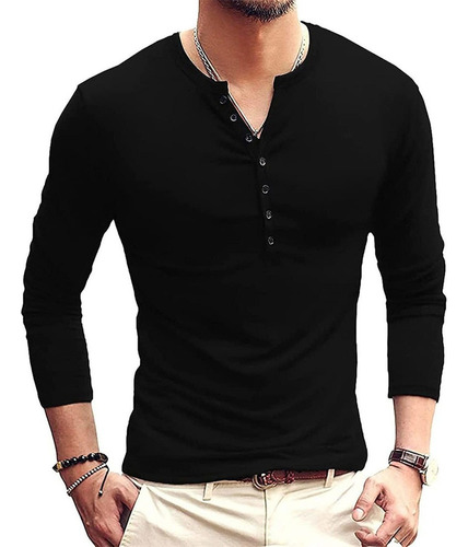 Playeras Hombre Camisa Henley De Manga Larga Casual Cuello V