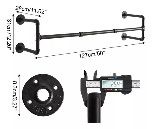 Perchero de pared de 54 pulgadas de tubería industrial para ropa, con barra  de hierro negro desmontable que ahorra espacio, barra colgante multiusos