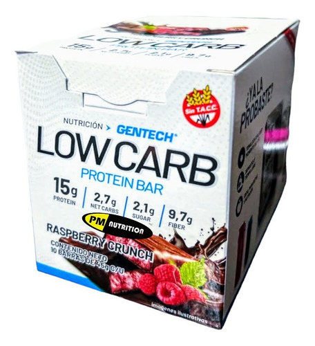 Barras De Proteina Low Carb Gentech Caja 10 Uni 3.3g Carbo Sabor Raspberry Crunch