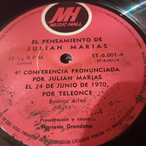 Sin Tapa Disco Julian Marias Pensamiento Conferencia 1970 M0 (Usado)