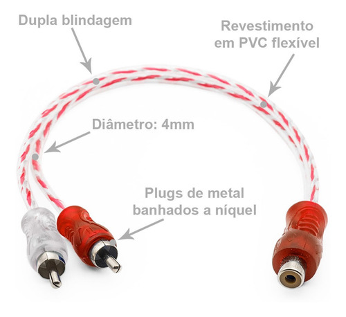 Imagem 2 de 2 de Cabos Y Rca Blindado 1 Femea 2 Machos Injetado Vermelho 4mm