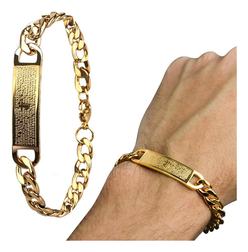 Pulseira Masculino Pingente Pai Nosso Aço Inox Dourado 21cm