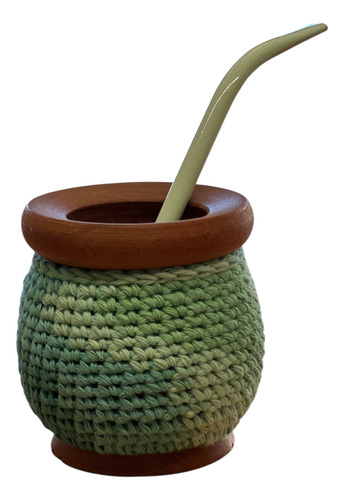 Mates De Madera Decorados Tejidos Crochet Con Bombilla Verde Claro Matizado Verde
