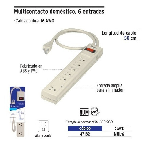 Imagen 3 de 3 de Multicontacto Uso Doméstico 6 Entradas16 Awg Volteck 47182