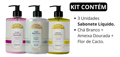 Kit 3 Sabonete 500ml Cha Branco Ameixa Dourada Flor De Cacto