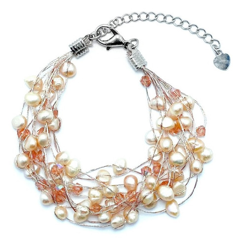 Pulsera Perla Río Rosada Cristal Hilo Seda