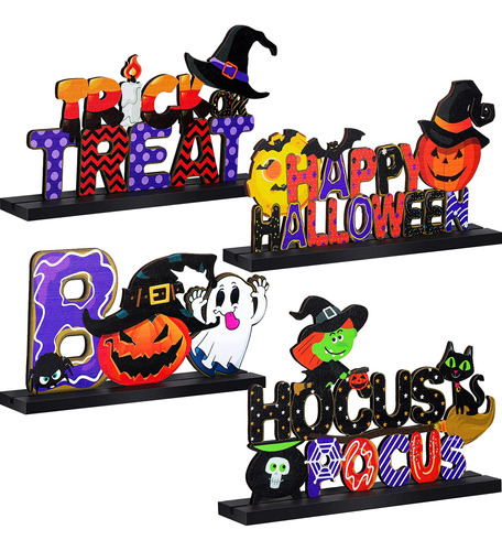 4 Carteles De Mesa De Madera De Feliz Halloween, Decoracione