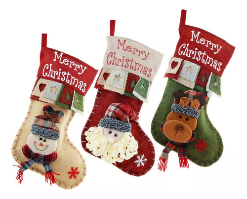 Calcetín Navideño Para Regalos Chimenea Reno 3 Piezas
