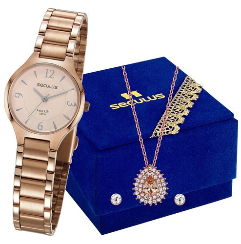 Kit Presente Relógio Seculus Feminino Dourado 77042lpsvra1k1 - Nota Fiscal Garantia 2 Anos