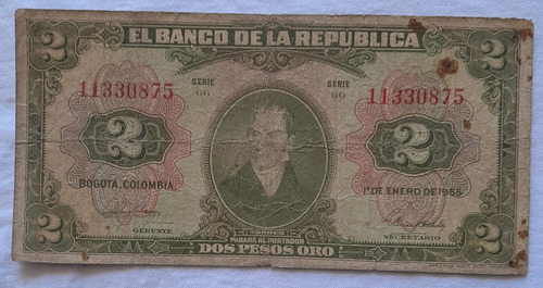 Billete De 2 Pesos Año 1955, Estado F (4). No 0875, Ocho Di