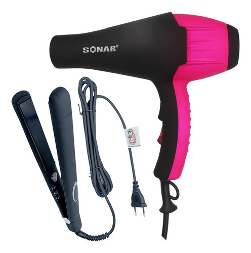 Kit Secador E Chapinha Profissional Potente Chapa Prancha Cor Rosa Com Preto 110v