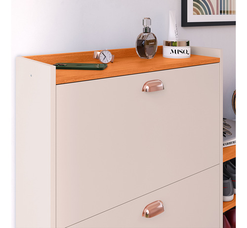 Sapateira Organizadora Com Assento Hall Porta Basculante - Off White / Cinamomo