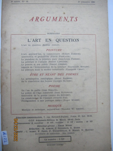 Revista Arguments Nº19 1960 Lart En Question Francastel Paz 
