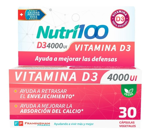 Nutri100 Vitamina D3 4000 Ui X 30 Cáps Mejora Supl Dietario