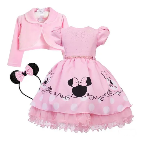 Vestido Minnie Rosa Festa Infanti Bolero Kit Luxo Princesa Frete