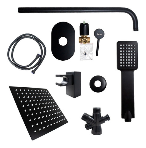 Kit Regadera Cuadrada Lluvia Y Monomando Negro Mate Lujo