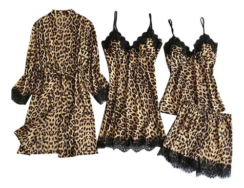 Albornoz Sexy Con Estampado Leopardo 4 Piezas Traje Eslinga