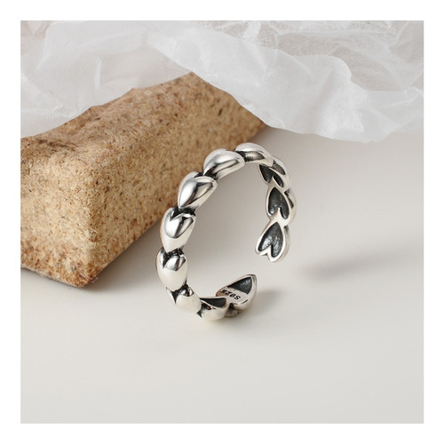 Anillo Ajustable Cadena De Corazones Plata S925 Moda Mujer