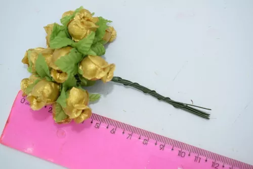 144 Mini Rosas Flores Rosinhas Artificiais Cetim Dourada