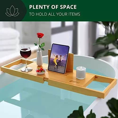 Bandeja de bambú para bañera con soporte para libro y vino - VIRTUAL MUEBLES