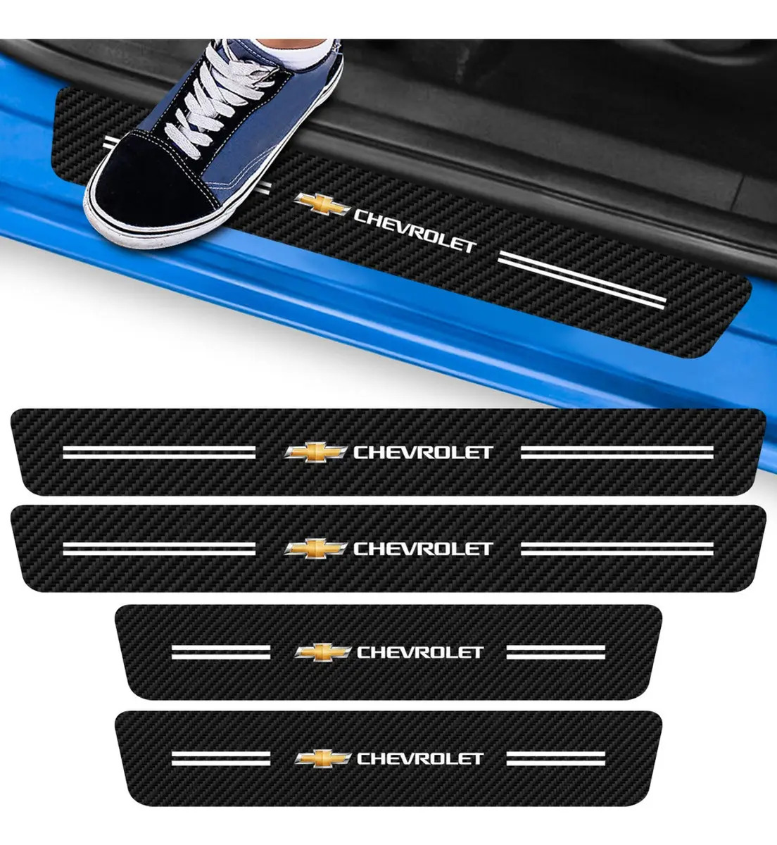 Kit 4 Adesivo Soleira Porta Carro Chevrolet Fibra De Carbono 60cm E 40cm