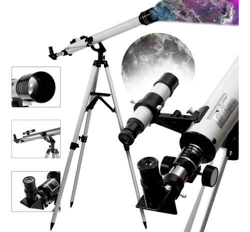 Telescópio Refrator Prateado 60mm Com Tripé Ajustável Luneta