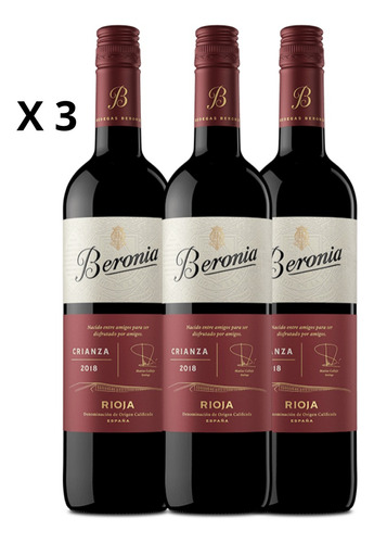 Vino Tinto Pack 3 Beronia Crianza Tempranillo España 750 Ml