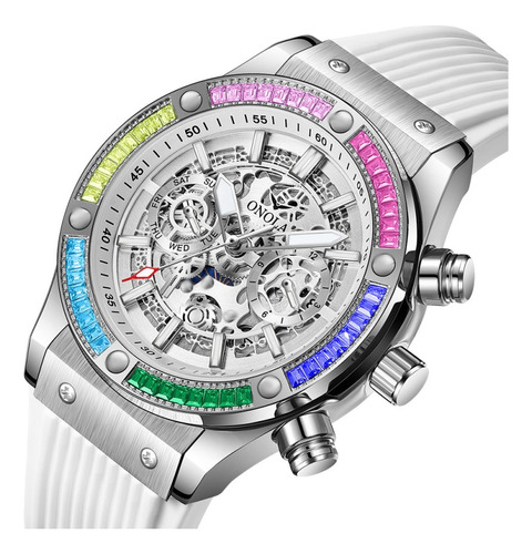 Reloj Mecánico Onola Skeleton Rainbow Diamond Color Del Bisel Blanco Plateado