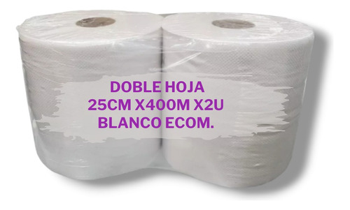 Bobina Papel Industrial Doble Hoja 25cm X 400m Blanco Eco 2u